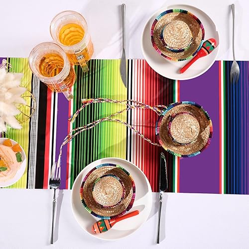 Miniatura 4 de Preboun 6 piezas de camino de mesa mexicano desechable de plástico mexicano Serape de 14 x 108 pulgadas, decoración de fiesta temática mexicana,