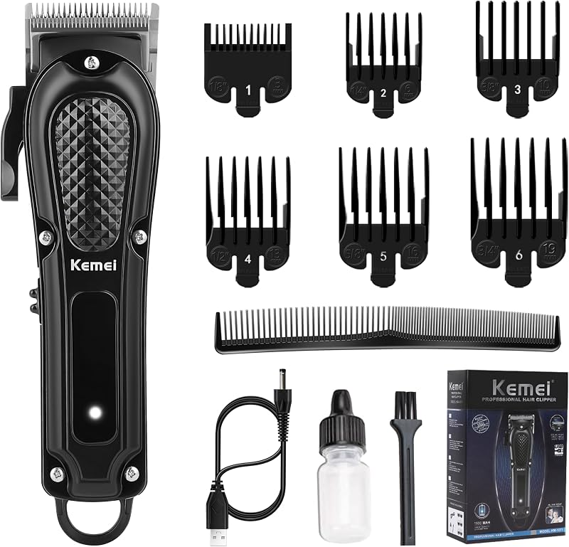 KEMEI KM-1071 Cortapelos Profesional para Hombres, Cortapelos de Peluquero de 4 Velocidades | Cortadora de pelo inalámbrica y con cable, recargable, Motor de 6500 RPM, cortadora de barba para barberos/uso doméstico