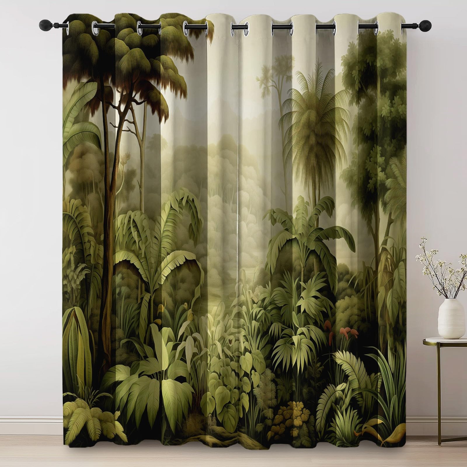 Zasłony zaciemniające do wnętrz - Natura Vintage Las deszczowy Nieprzezroczysta zasłona do sypialni, 117 x 229 cm (2 panele), termiczne zielone lasy, zasłony z oczkami do biura i salonu
