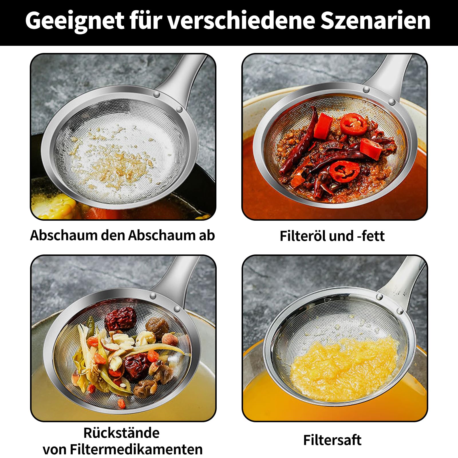 Łyżka cedzakowa, łyżka ze stali nierdzewnej, łyżka do smażenia, chochla do smażenia z drobnym sitkiem, małe sitko, sitko do kuchni, odtłuszczacz, chochla do oleju, pianki, resztek żywności (L)