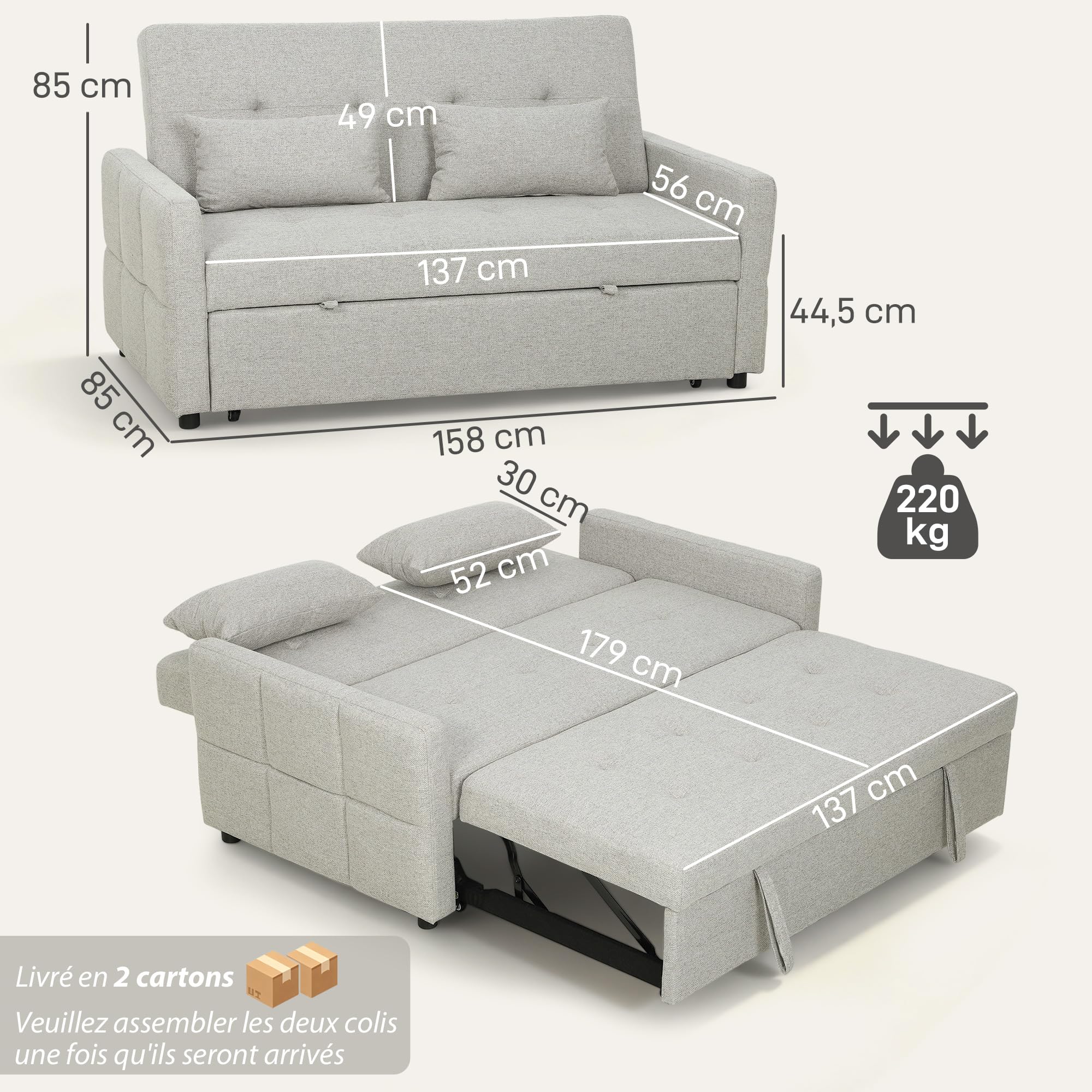 HOMCOM Canapé Convertible 2 Places 3 en 1, canapé-lit clic-clac 137x180cm, lit gigogne, Dossier réglable, 2 Coussins, Assise Large, Tissu Lin, pour Salon, Appartement, Petit Espace, Marron Clair