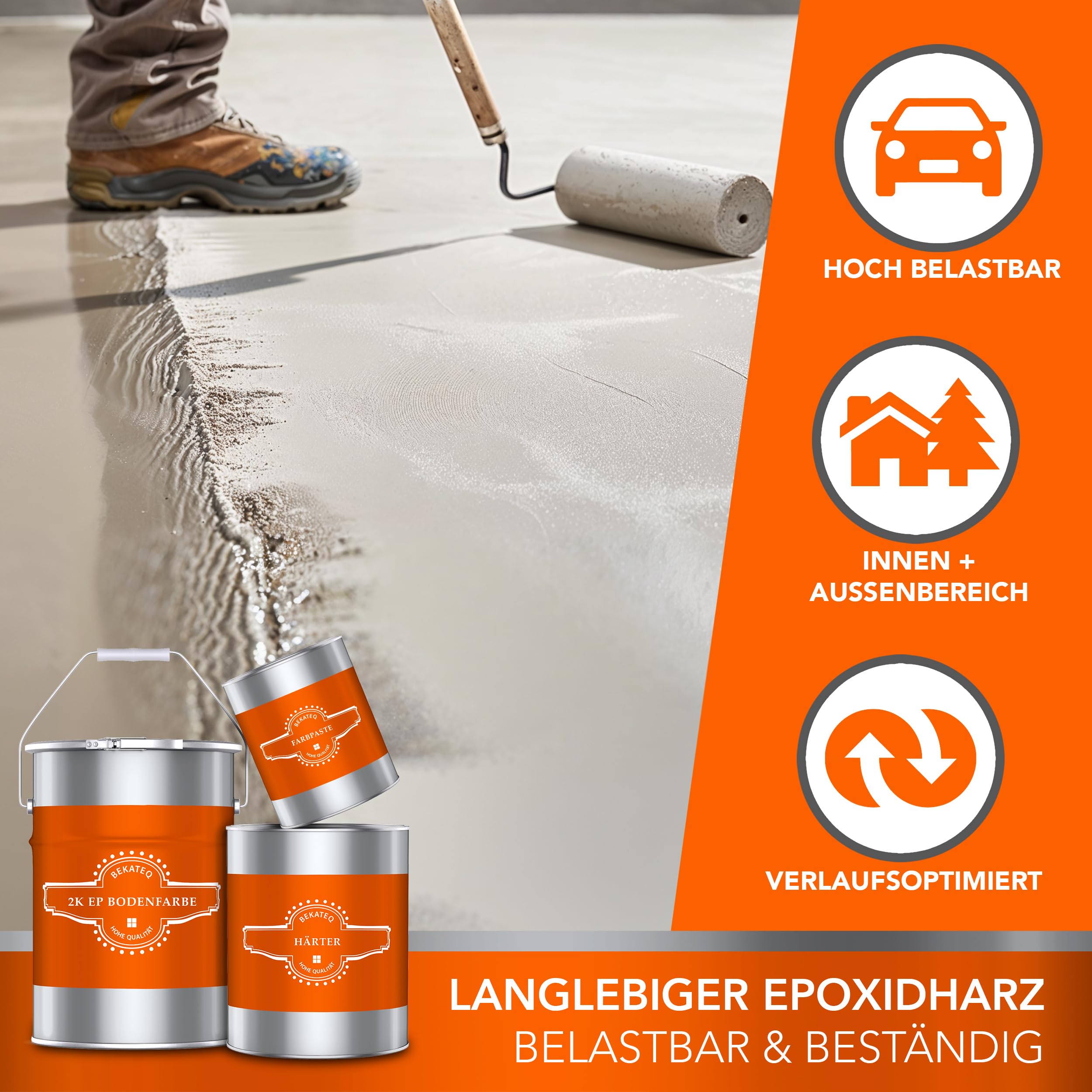 BEKATEQ 2K Epoxidharz Silbergrau 5KG I Bodenbeschichtung UV-optimiert, Selbstentlüftend, Geruchsarm, Betonfarbe für außen & innen I Bodenfarbe für Garagenboden, Werkstatt- & Industrieboden BE-702
