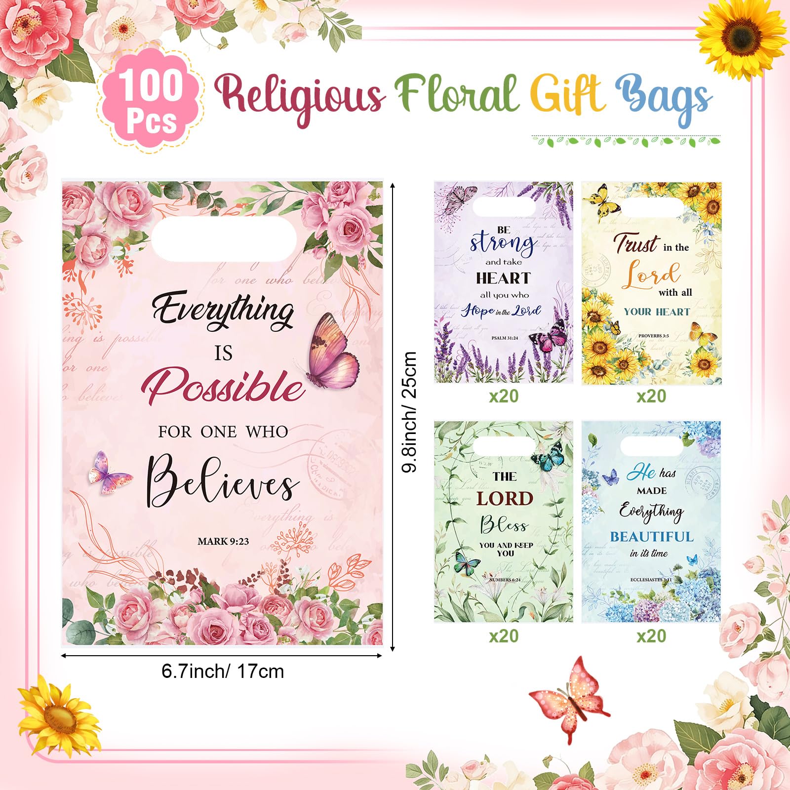 Pajean 100 Pcs Christian Gift Bags Mother's Day Floral Bible Verse Plastic Bags with Handles Religious Party Favor Pouch Inspirational Flower Candy Goodie Pouch for Women Wedding Church Gifts Supply