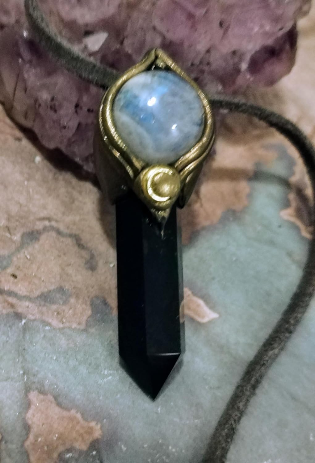 | Book of Shadows Witch Protection Necklace | Triple Moon Pendant | Moonstone and Black Obsidian | Wiccan Knot Amulet Gift