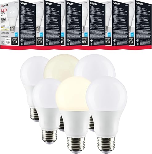 Satco S39836 Lámparas LED 9.8 vatios LED A19 Omnidireccional 3000K Base media Ángulo de haz de 220 grados 120 voltios (6 bombillas LED)