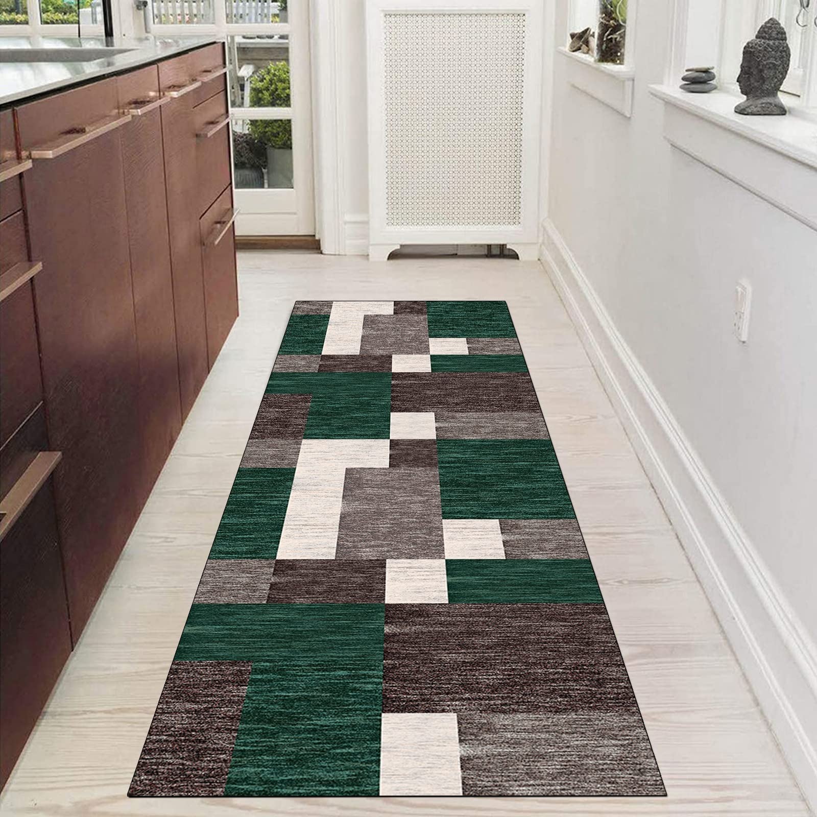Tappeto per corridoio, antiscivolo, verde, marrone, 2'3 x 5,9 cm, patchwork, lavabile, decorazione per la casa, per cucina, corridoio, soggiorno, porta con retro in gomma, larghezza 40-120 cm