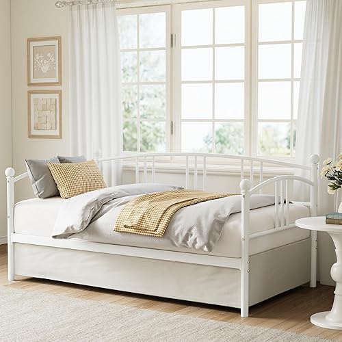 IDEALHOUSE Twin Daybed Without Trundle, Metal Twin Size Daybed, Steel Slat Support Sofa Bed for Living Room, Bedroom, Guest Room (White-Without Trundle)