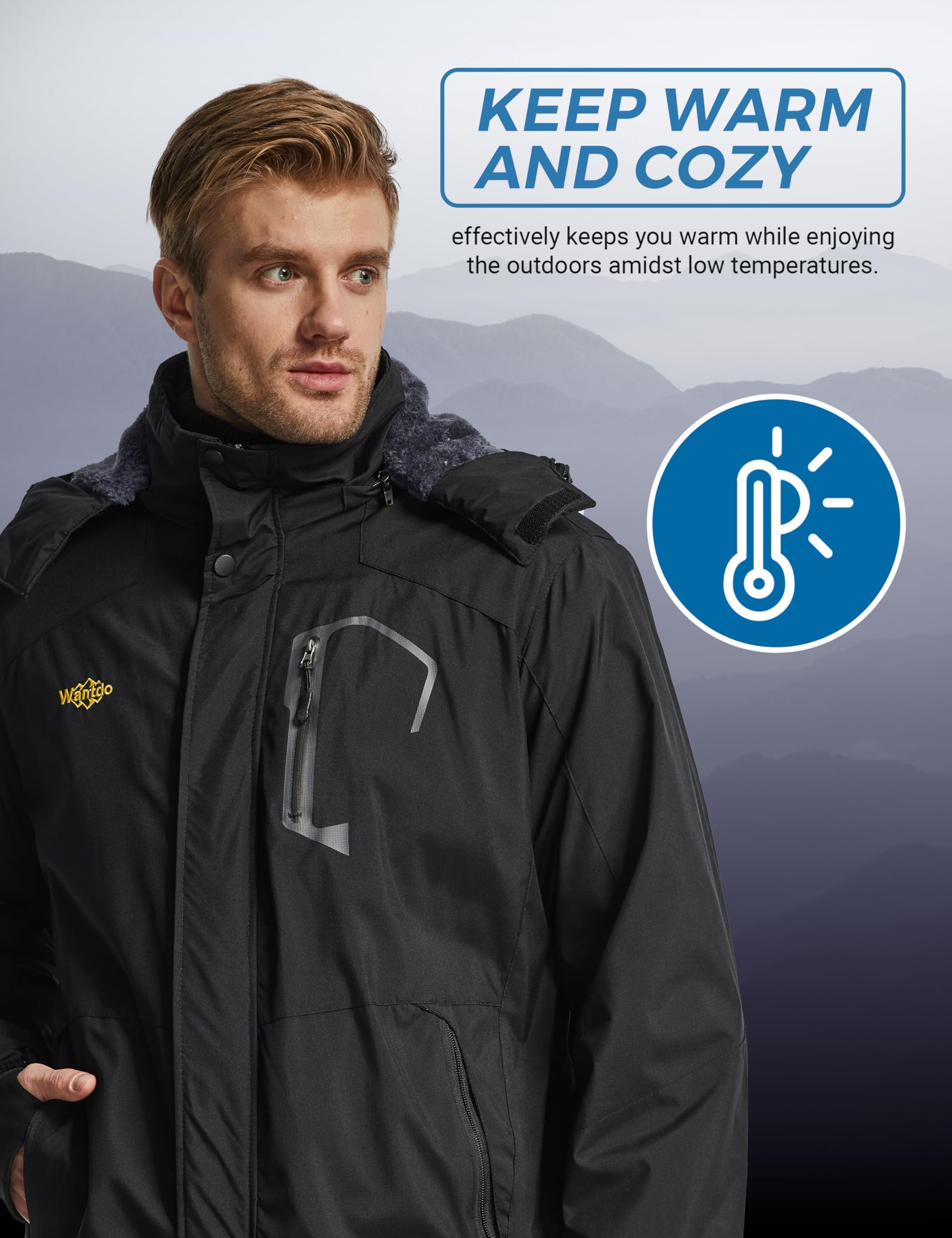 Wantdo Giacca da Sci Montagna Calda Invernale Parka da Neve Imbottita Cappotto da Snowboard in Pile Giubbotto con Cappuccio Impermeabile Uomo