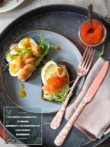 Miniatura 3 de Stapava Juego de cubiertos de 24 piezas de oro rosa con cuchillos para carne, cubiertos de cobre de acero inoxidable para 4, incluye tenedores,