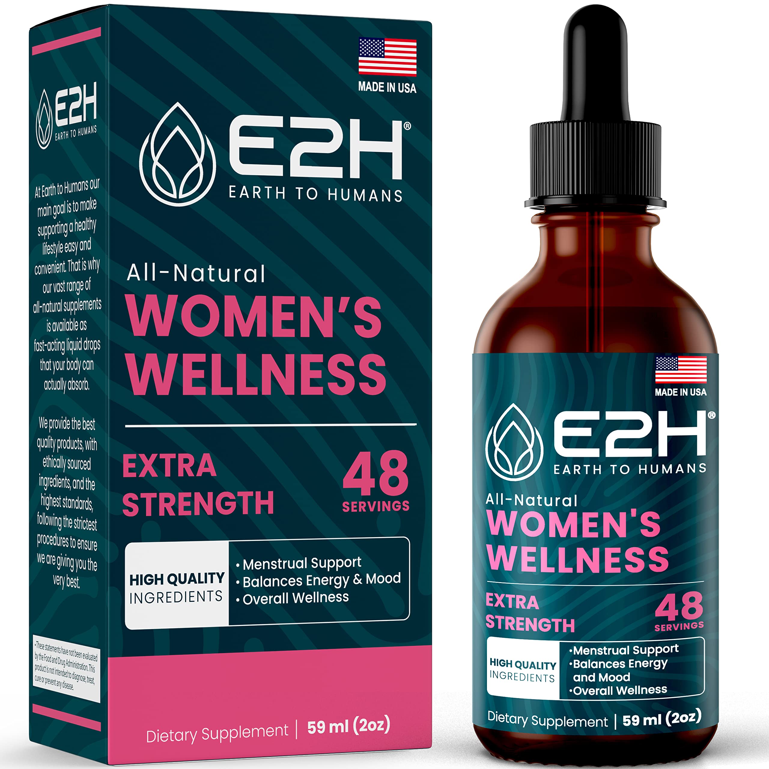 E2H All Natural Women's Wellness, Hormone Balance and PMS Relief with Black Cohosh, Dong Quai and Licorice Root for Hot Flash Relief - 2 Fl Oz 2 Fl Oz (Pack of 1)