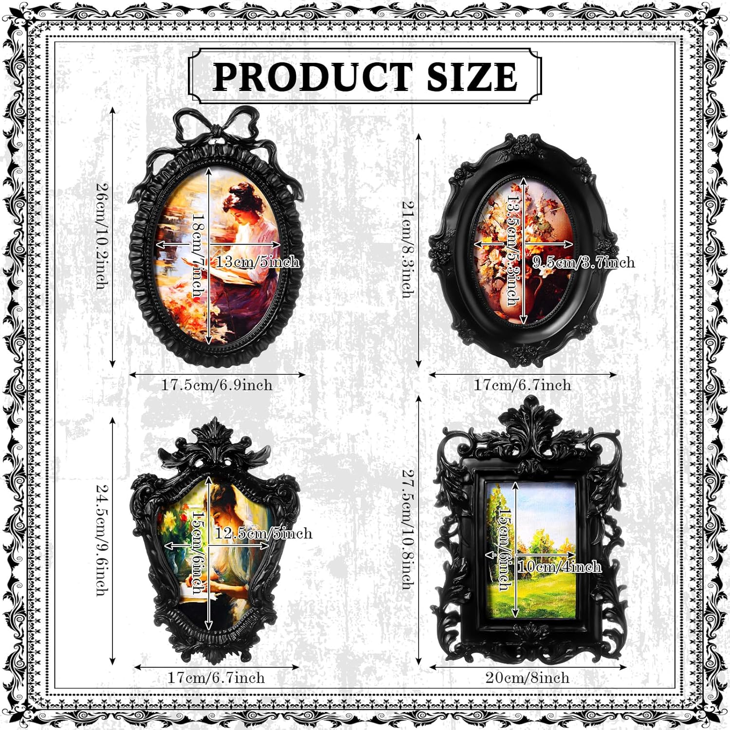 Geetery 4 Pcs Black Gothic Vintage Picture Frames Set Antique Picture Frame Small Mini Luxury Ornate Oval Circle Rectangle Wall Hanging Decor for Gallery Wall Photo Display Tabletop Home Decoration