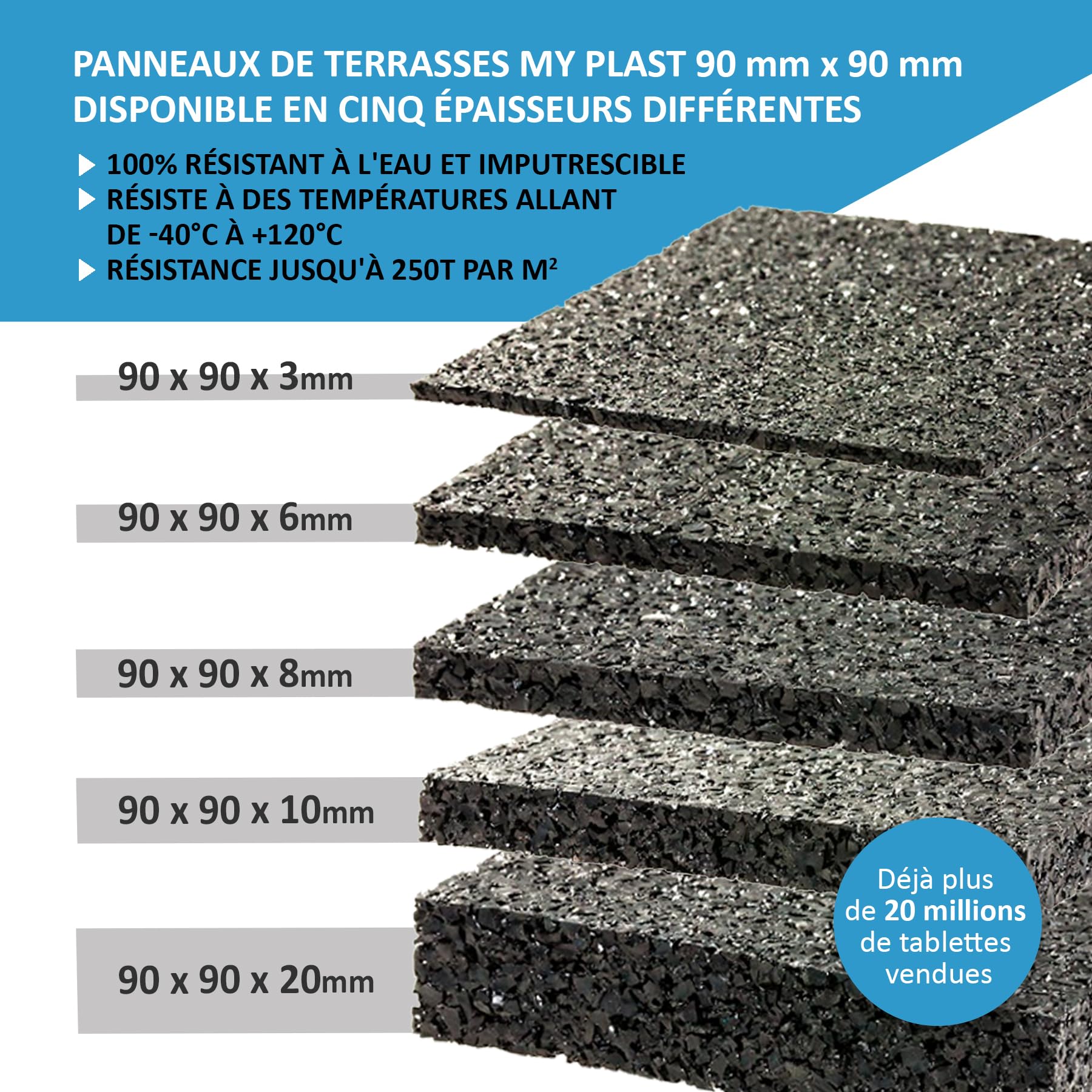 My Plast I 90 x 90 x 10 mm - 100 pièces I Dalle amortissante pour terrasses - dalle caoutchouc résistante à l'eau pour le bois de la terrasse, cale terrasse protection de construction résilient