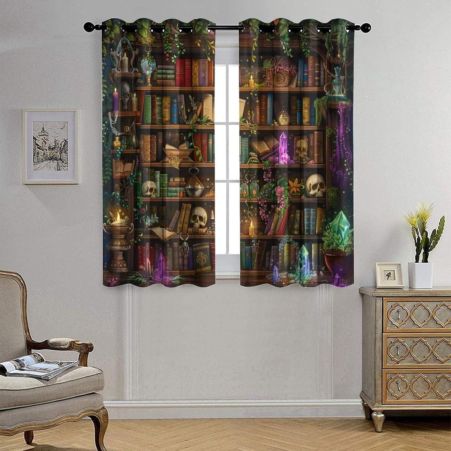 Vintage Classic Library Grommet Blackout Curtains for Bedroom, Crystal Bookshelf Fantasy Thermal Insulated Curtains Room Darkening Window Drapes, 21W x 45L, 2 Panels