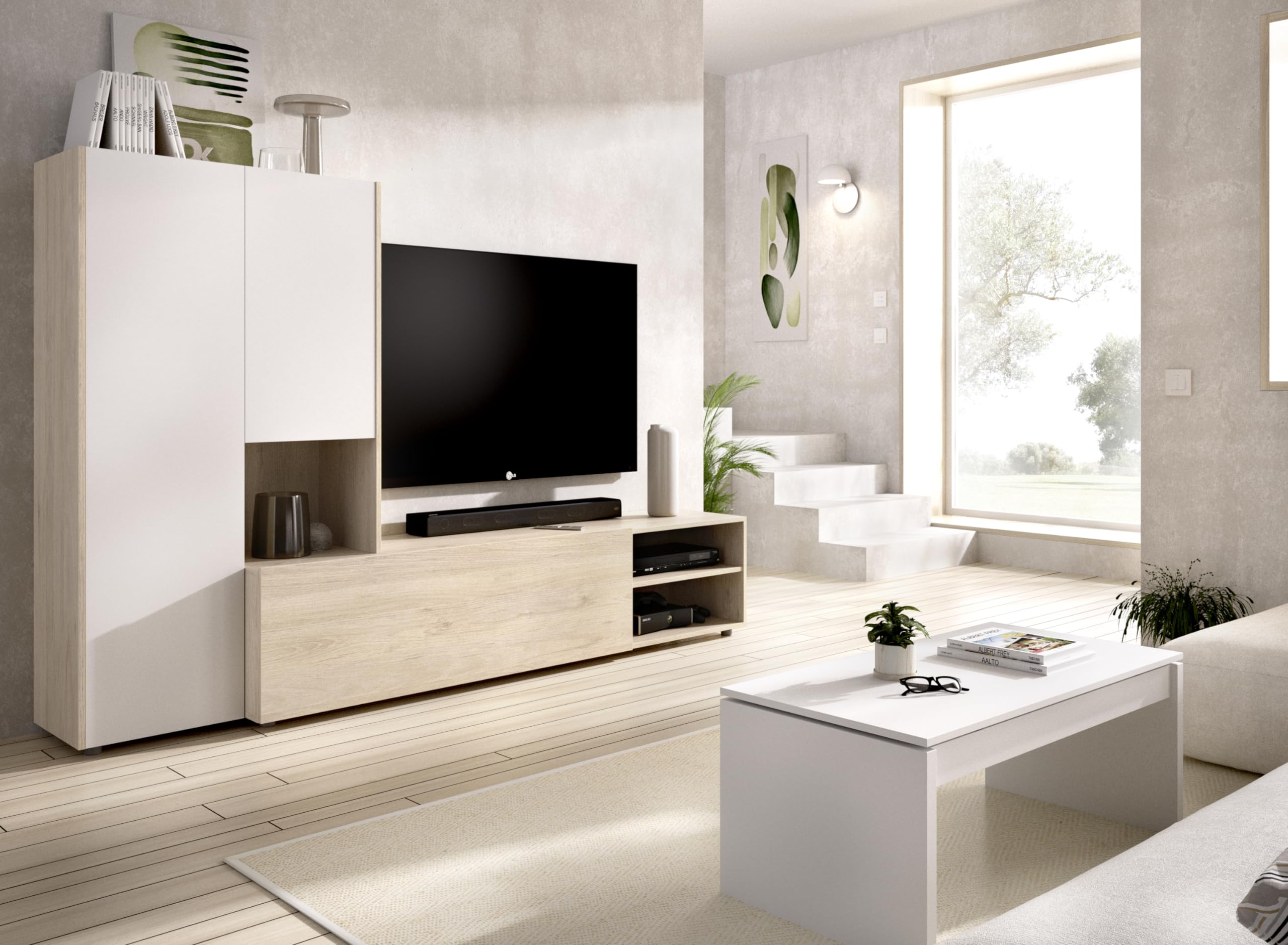 DEKIT GRUPO RIMOBEL KEI - SALON TV COMPACTO CON 3 PUERTAS - BLANCO / NATURAL - 140,6 x 227 x 40