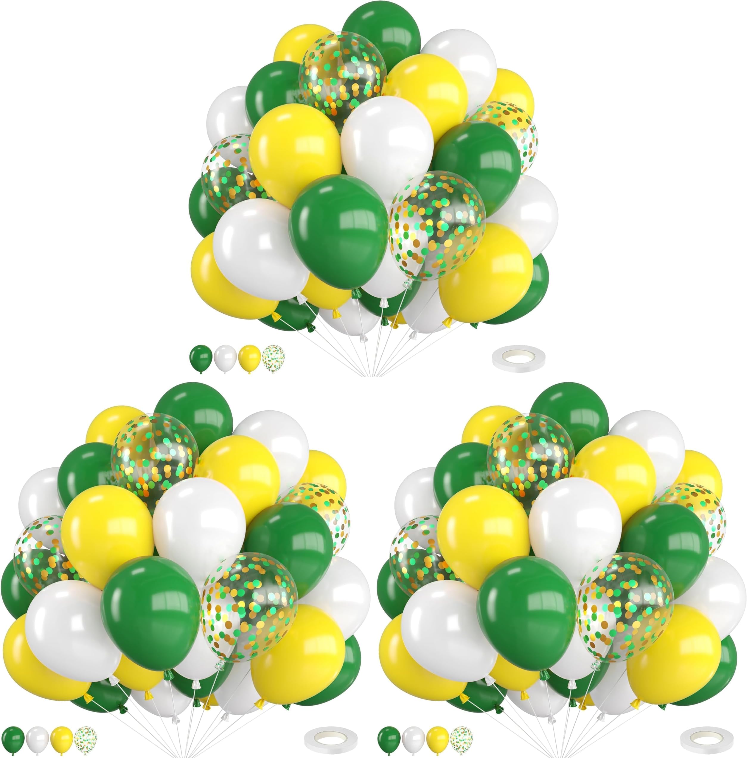 Green and Yellow Balloons,12 Inch Dark Green Yellow and White Confetti Balloons with Ribbon,for Birthday Baby Shower Football Golf Sport Theme Party Decorations (Pack of 3)