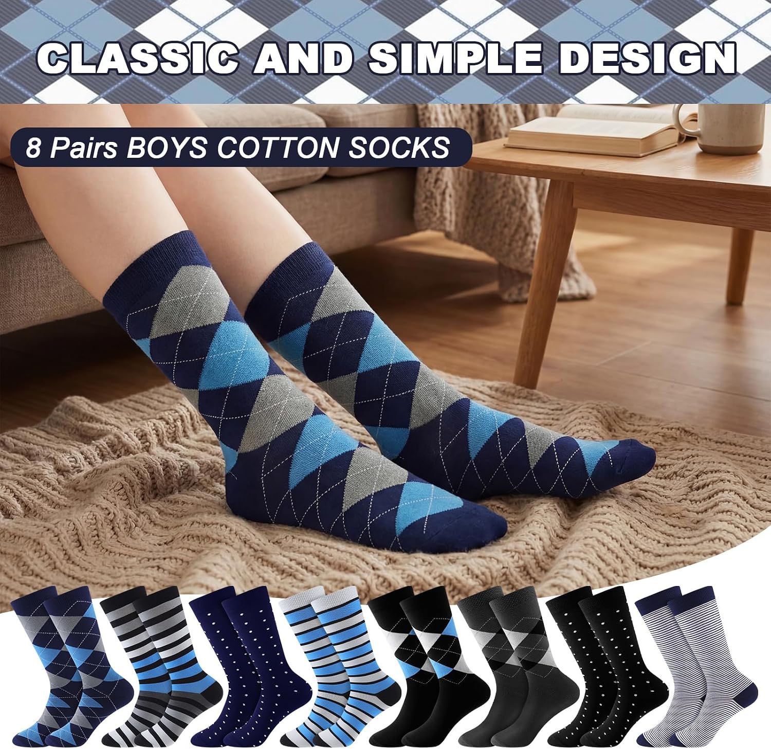Kids Calf Compression Socks 15-20mmhg Boys Dress Socks, 8 Pairs | Youth Argyle Uniform Athletic Stockings, Breathable Support Stocking for School, Running, Travel Gift for Boys Girls Teens