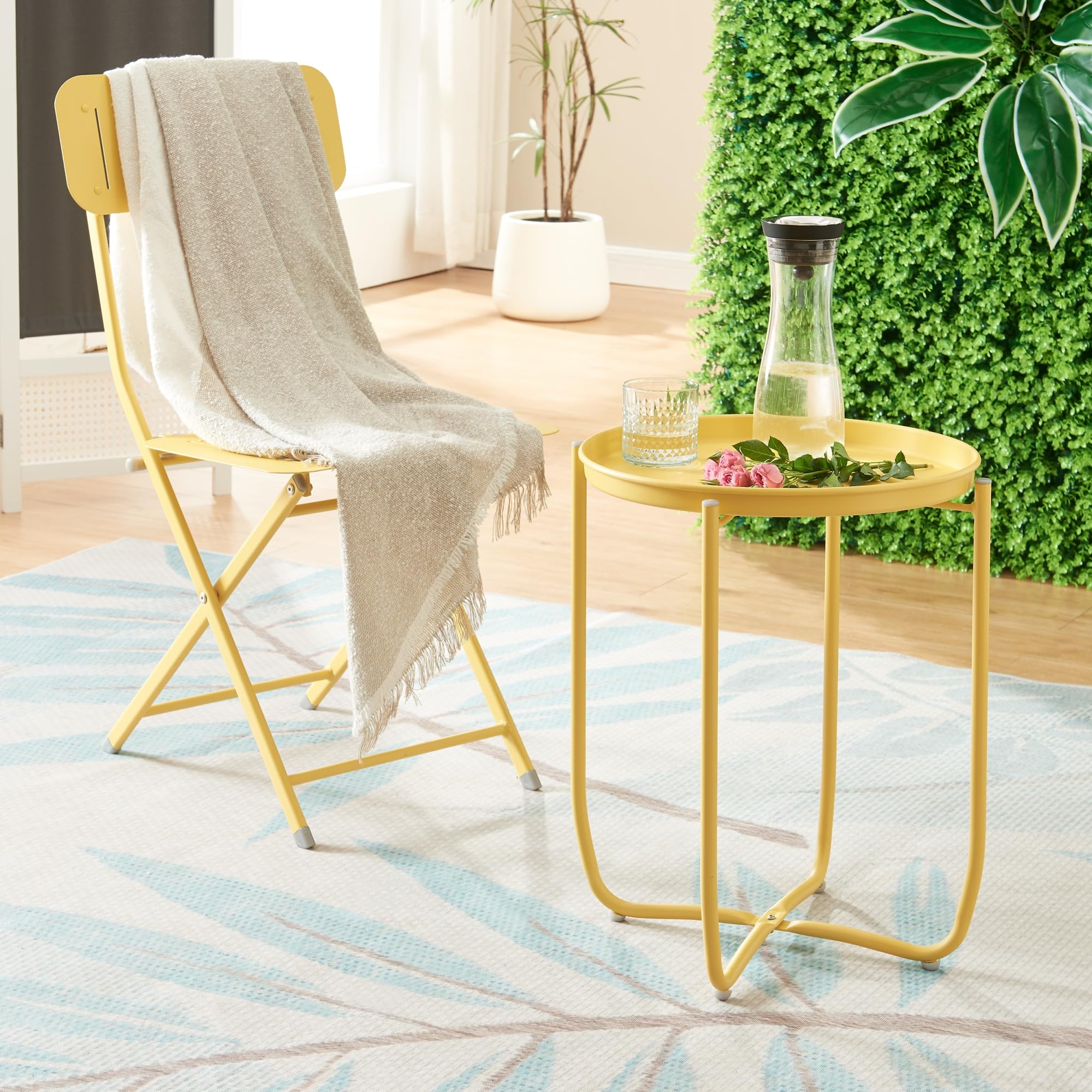 [en.casa] Table Basse avec Plateau Rond Amovible Table d'Appoint pour Extérieur Intérieur Jardin Terrasse Balcon Table de Bistrot Design Intemporel Acier 53 x 40 cm Jaune