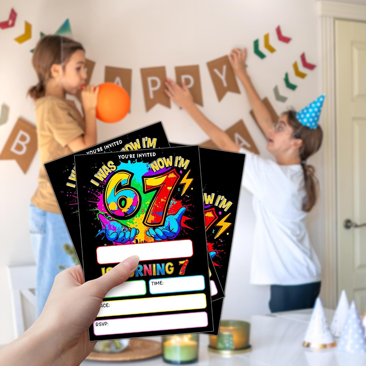 7 Birthday Party Invitations, I Was 6 Now I'm 7th Neon Graffiti Style Invitation Cards for Boys Girls, 20 Pack Fill In Kids Birthday Party Invites with Envelopes, 7th Birthday Party Supplies