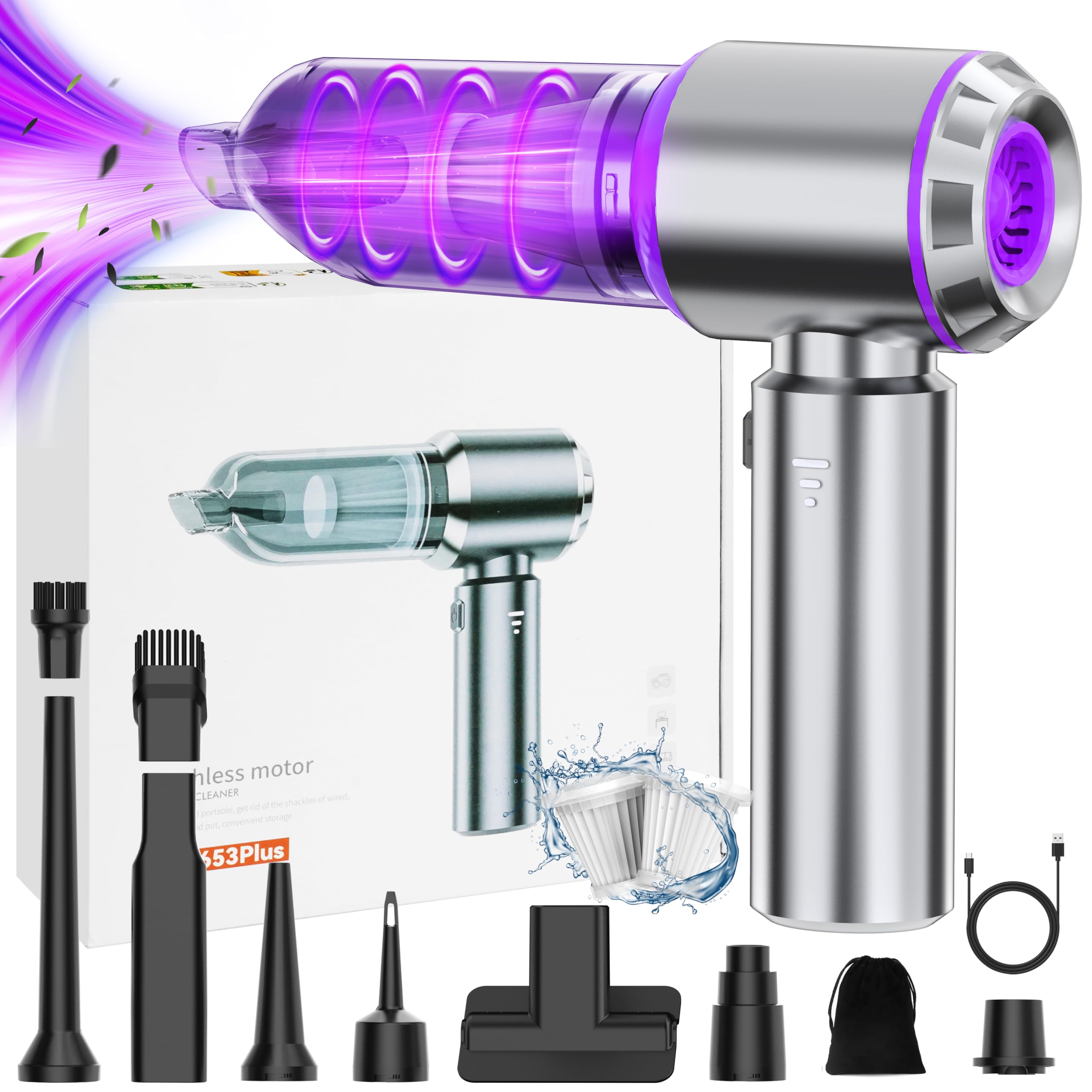 Car Vacuum Cleaner, Mini Handheld Vacuum Cordless 16000Pa 120W Powerful Brushless, Low Noise Rechargeable Mini Vacuum for Car, Home, Office Cleaning, Silver