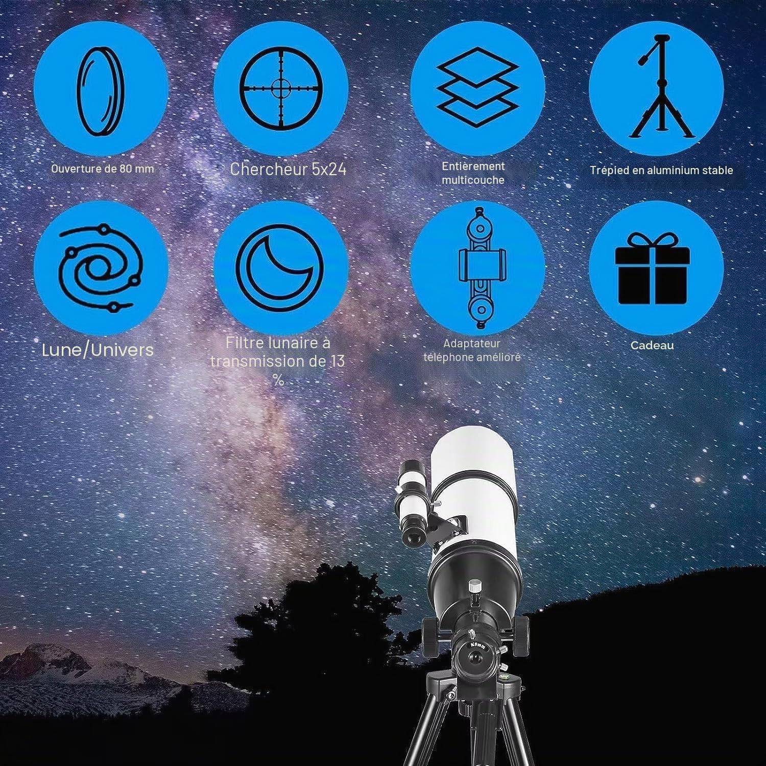 Télescope HD Haute Puissance, Ouverture de 80 mm, 600 mm, télescope réfractif astronomique pour Adultes et débutants - Objectif FMC - Monture AZ avec Adaptateur de trépied et Sac de Transport.