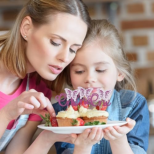 Miniatura 6 de Rsstarxi Paquete de 24 adornos de mariposa para cupcakes con purpurina para primer cumpleaños, mariposa, para baby shower, niños y niñas,