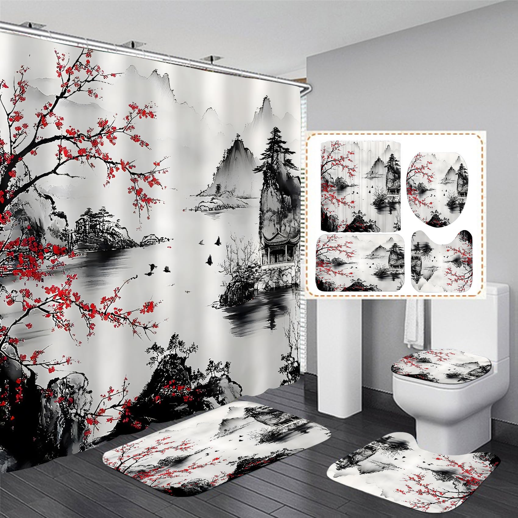 Ensemble de rideau de douche 4 pièces avec rideau de douche et tapis, rideau de bain de style japonais avec crochets pour décoration d'intérieur