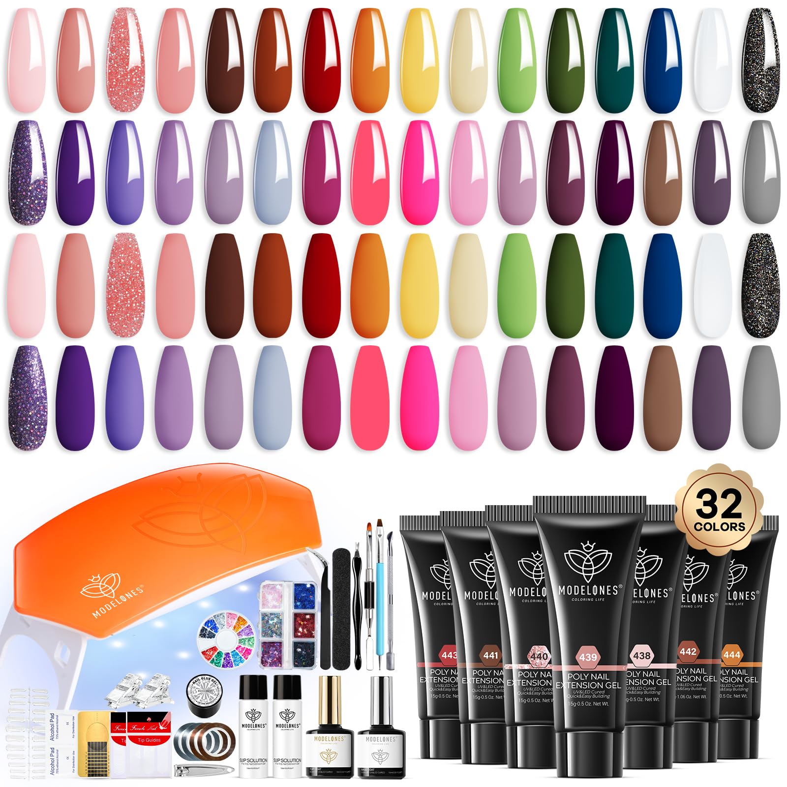 Modelones 133pcs Poly Extension Gel Nail Kit, 32 Colors All Seasons Poly Gel kit with Nail Forms Lamp Slip Solution Builder Thickening Manicure Tools for Starter Salon DIY
