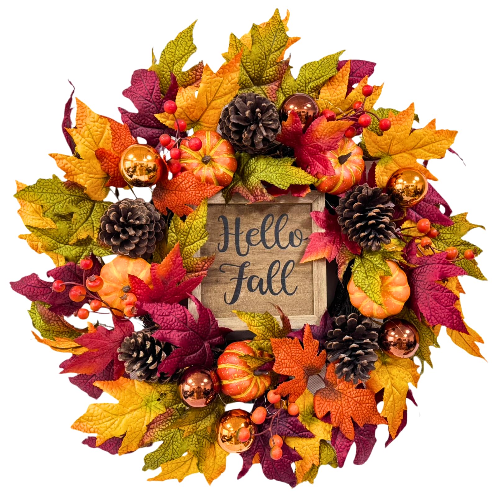 Svndlyn 22 Inch Lighted Fall Wreath with Timer and Hello Fall Sign