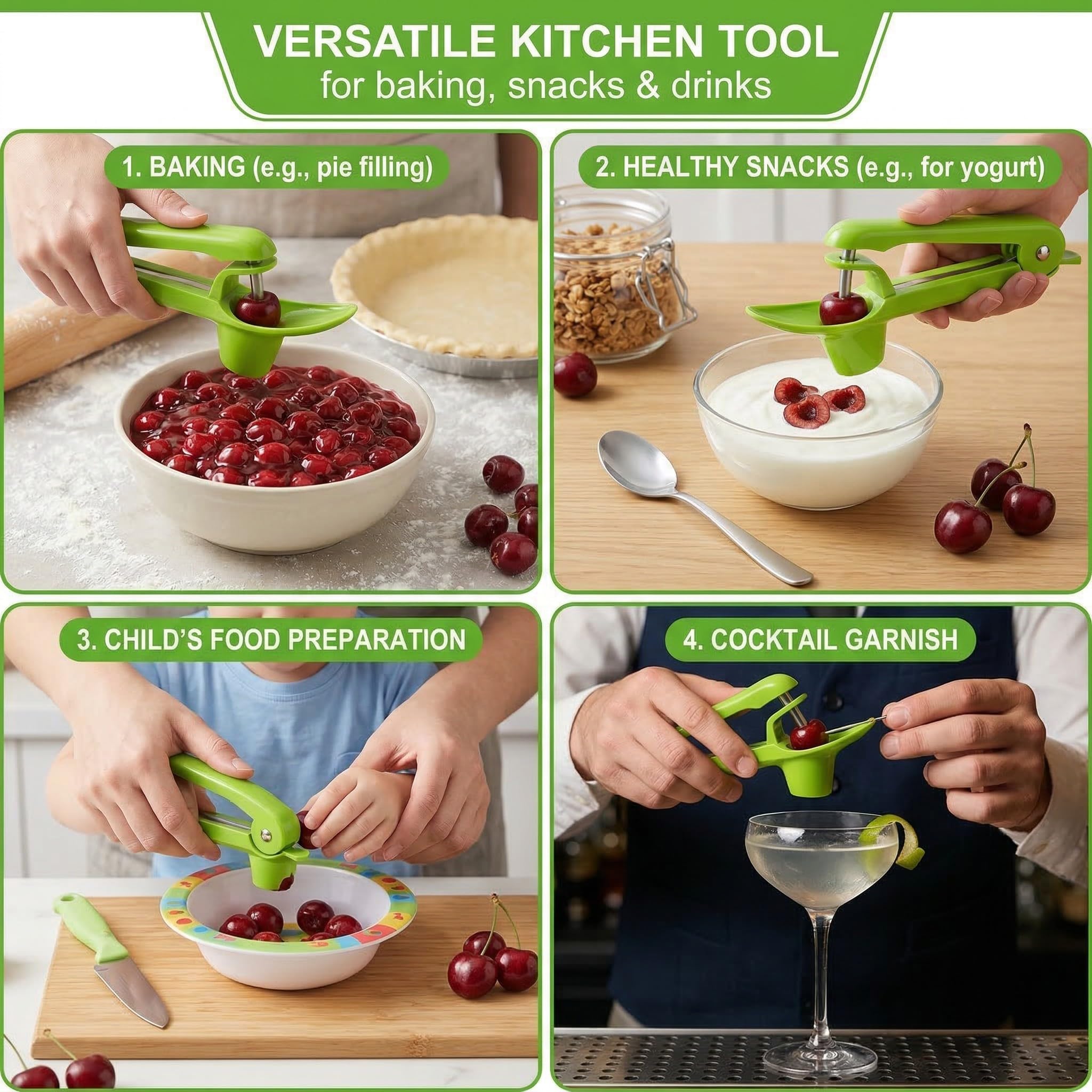 Deshuesador de cerezas de acero inoxidable, herramienta manual compacta para quitar huesos de cerezas, utensilio de cocina verde