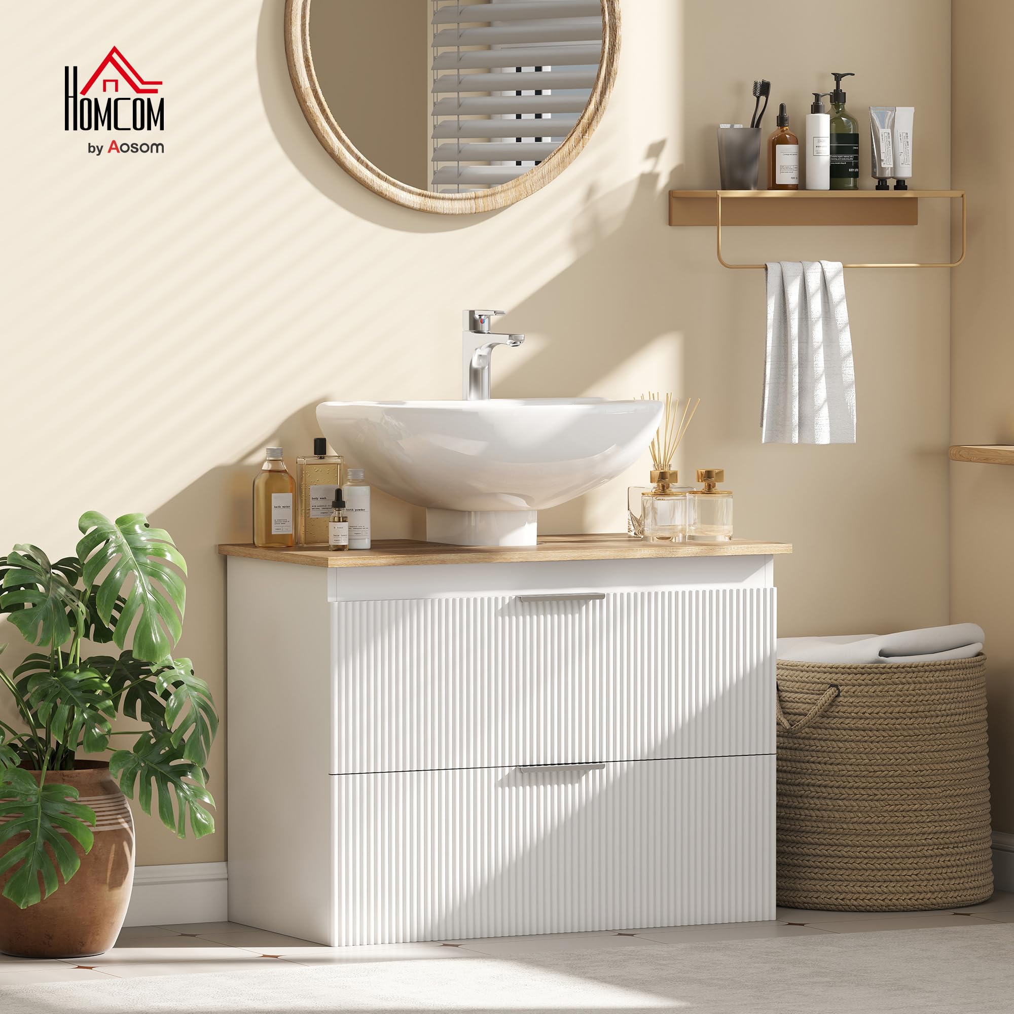 HOMCOM Waschbeckenunterschrank Zwei Schubladen 80x40x60cm Weiß+Natur