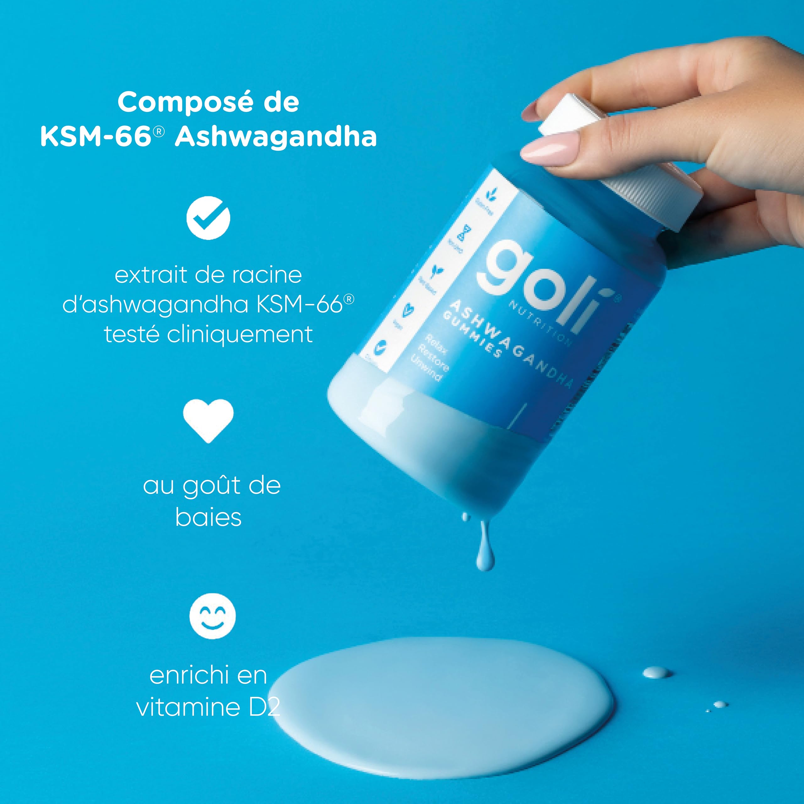 Goli Nutrition, Ashwagandha Gummies avec Vitamine D, 60 Gommes végétaliennes, Sans Gélatine, Sans Gluten, Végétarien, Sans Soja, Sans OGM