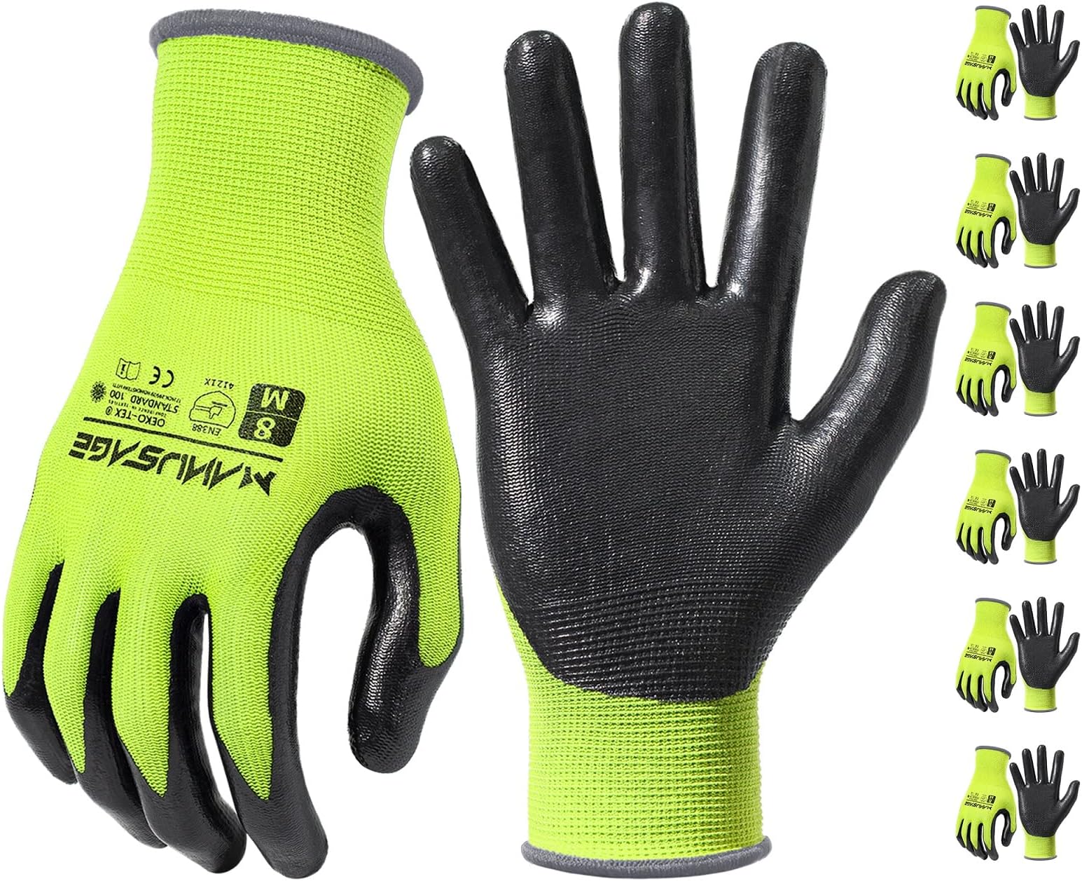 Manusage Nitrile Work Gloves, 3D Comfort Stretch Fit, Powerful Grip, Touchscreen, Durable Foam Coated, Flexible, Lightweight, Machine Washable, Size-XXL Yellow 6 Pairs