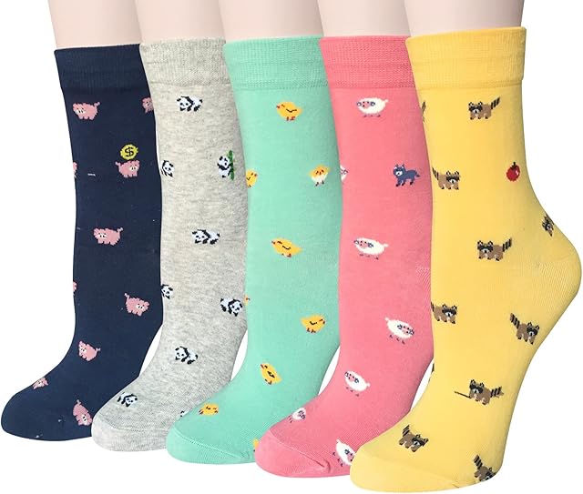 5 Pairs Ladies Socks Winter Cotton Wowens Socks Animal Cat Dog Socks Gift for Wowen, One Size