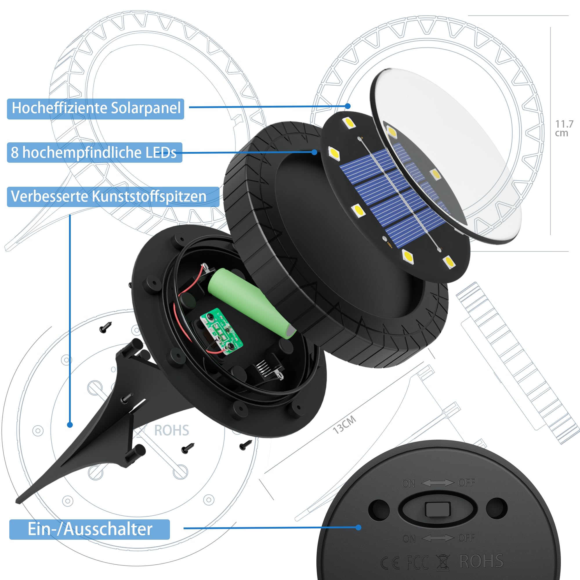 Solarna lampa podłogowa o ciepłej barwie bieli, 8 diod LED, lampy solarne do użytku na zewnątrz, opakowanie 12 sztuk - Solarne lampy ogrodowe LED, wodoodporna lampa podłogowa IP65
