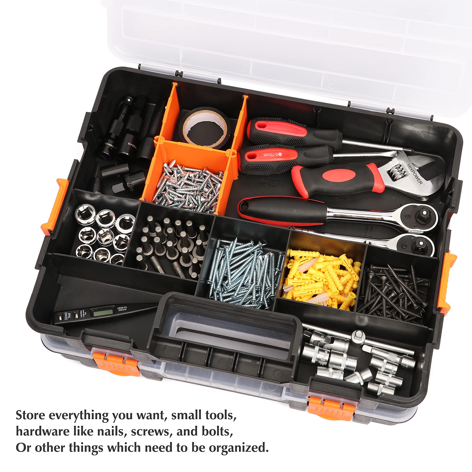 EMENTOL Set di 2 organizer per cassetta degli attrezzi, 20 divisori rimovibili, scatola di plastica resistente, eccellente per viti, dadi, piccole parti, 34 scomparti, nero/arancione, set da 2 pezzi
