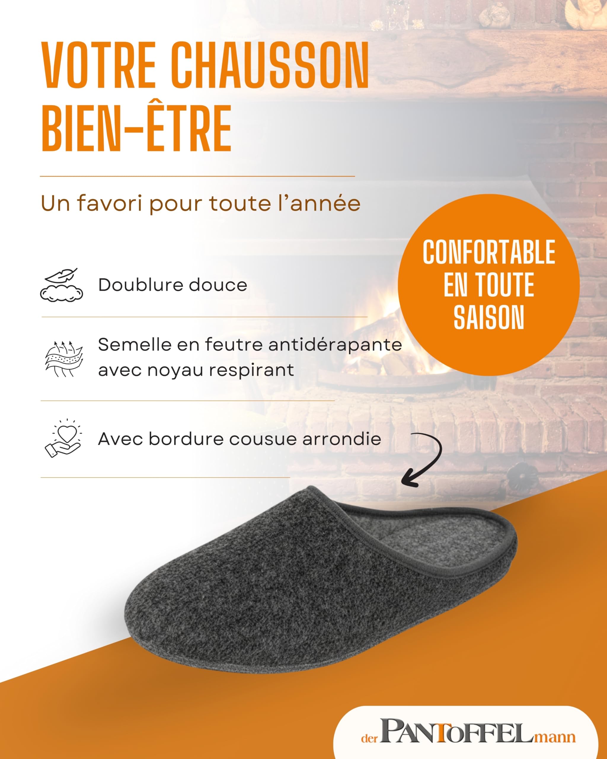 Pantoffelmann Chaussons en feutre avec semelle en feutre | Rouge/Gris/Bleu marine | Tailles 36 à 48 | Pantoufles respirants et confortables pour femmes et hommes | Chaussures élégants et chauds