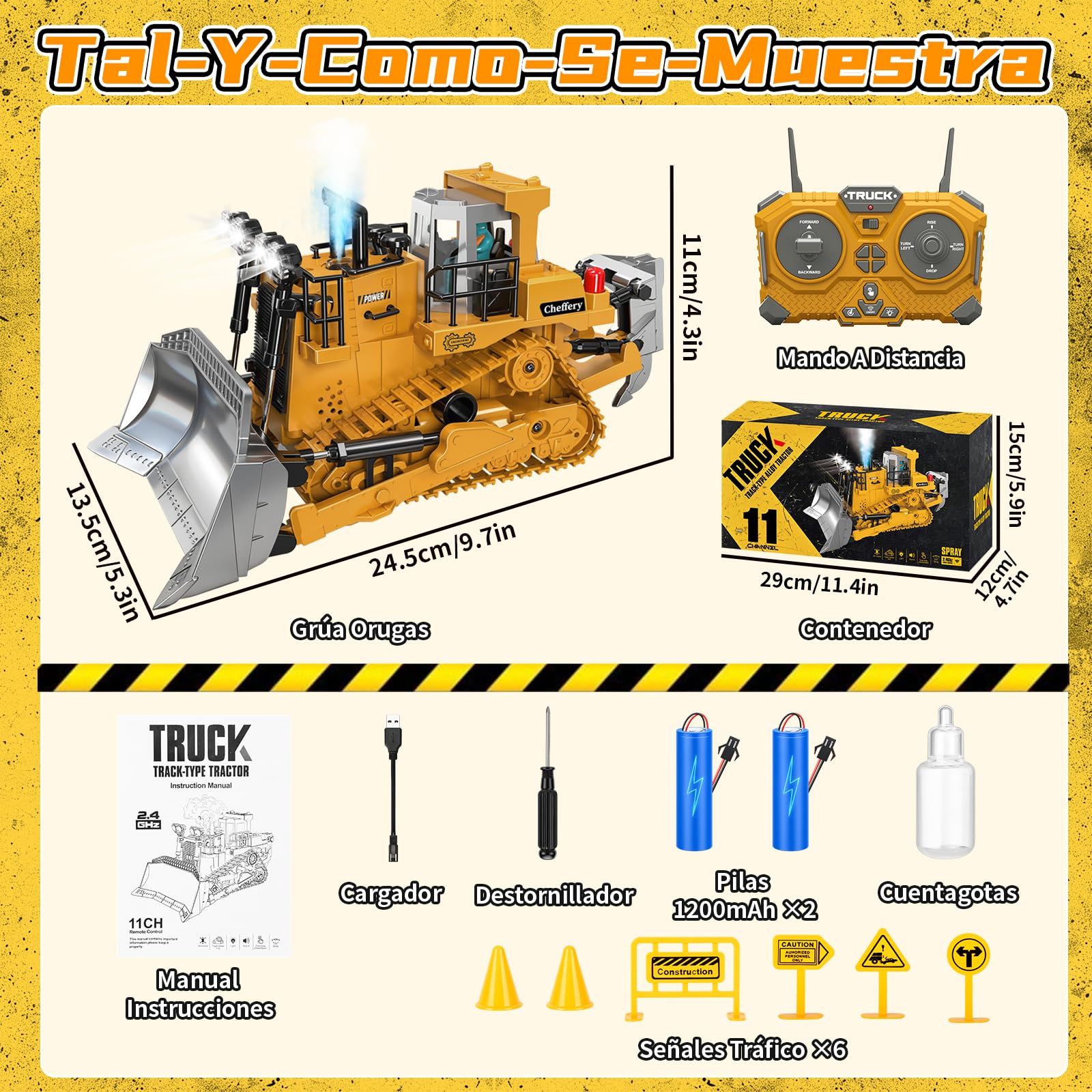 Bulldozer Teledirigido, 11 Canales Juguete de Bulldozer Teledirigido, 2.4 GHz Bulldozers RC con Luces y Efectos de Sonido, 1:20 Juguete Bulldozers de Regalo para Niños y Niñas de 4 a 12 Años