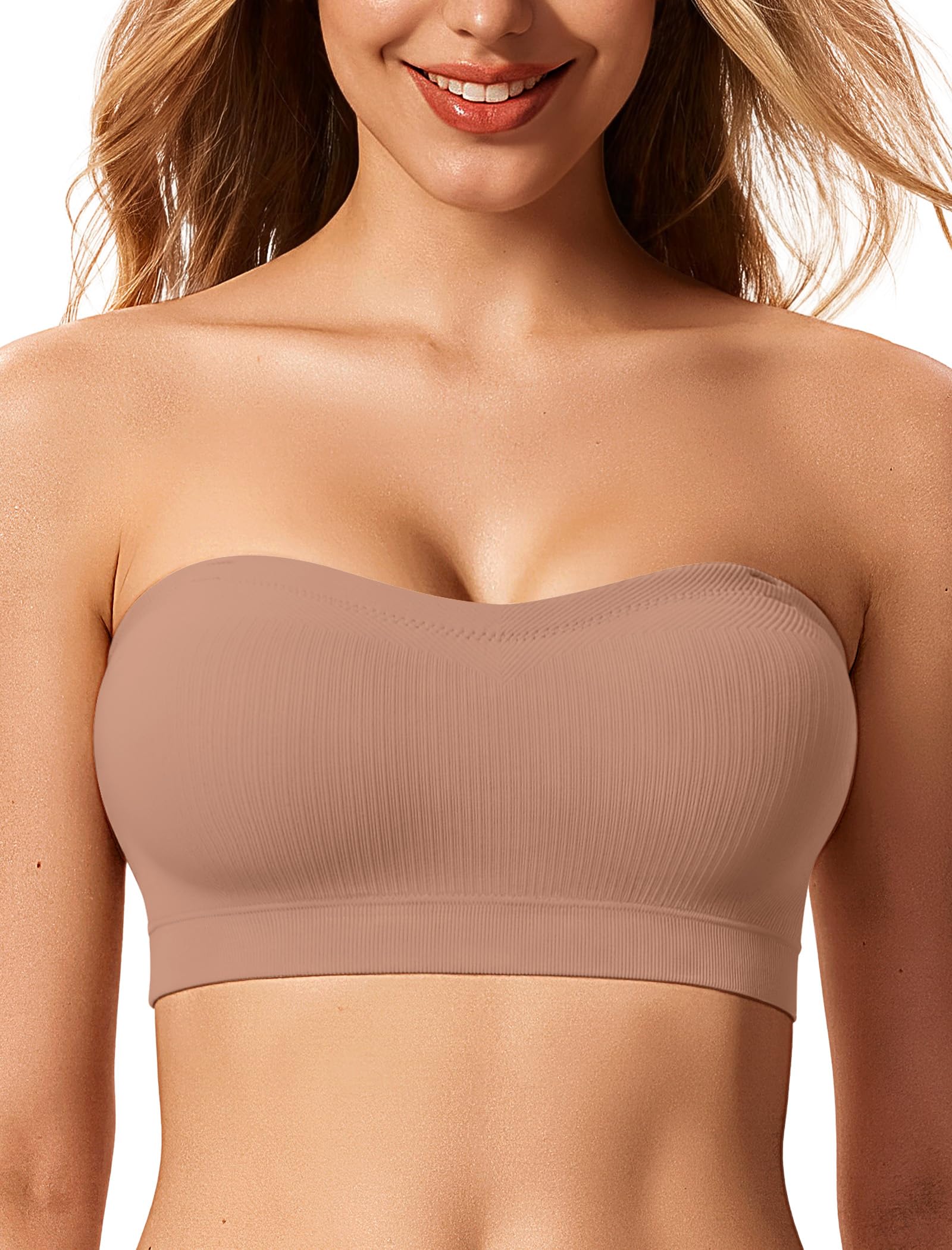 Photo 1 of LetsJoli Push Up Strapless Bras for Women Tube Top Bra Supportive Bandeau Bra Non Slip Wireless No Underwire Padded Bralettes?Gravel Beige,M