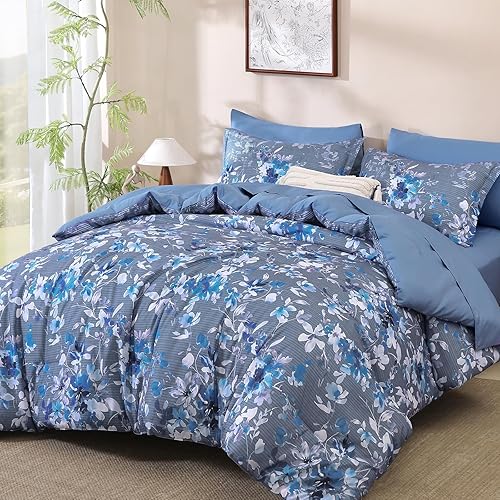 Miniatura 12 de Dobuyly Juego de edredón tamaño Queen, 7 piezas, juego de edredón floral verde, ropa de cama Queen en una bolsa con patrón de flores botánicas,