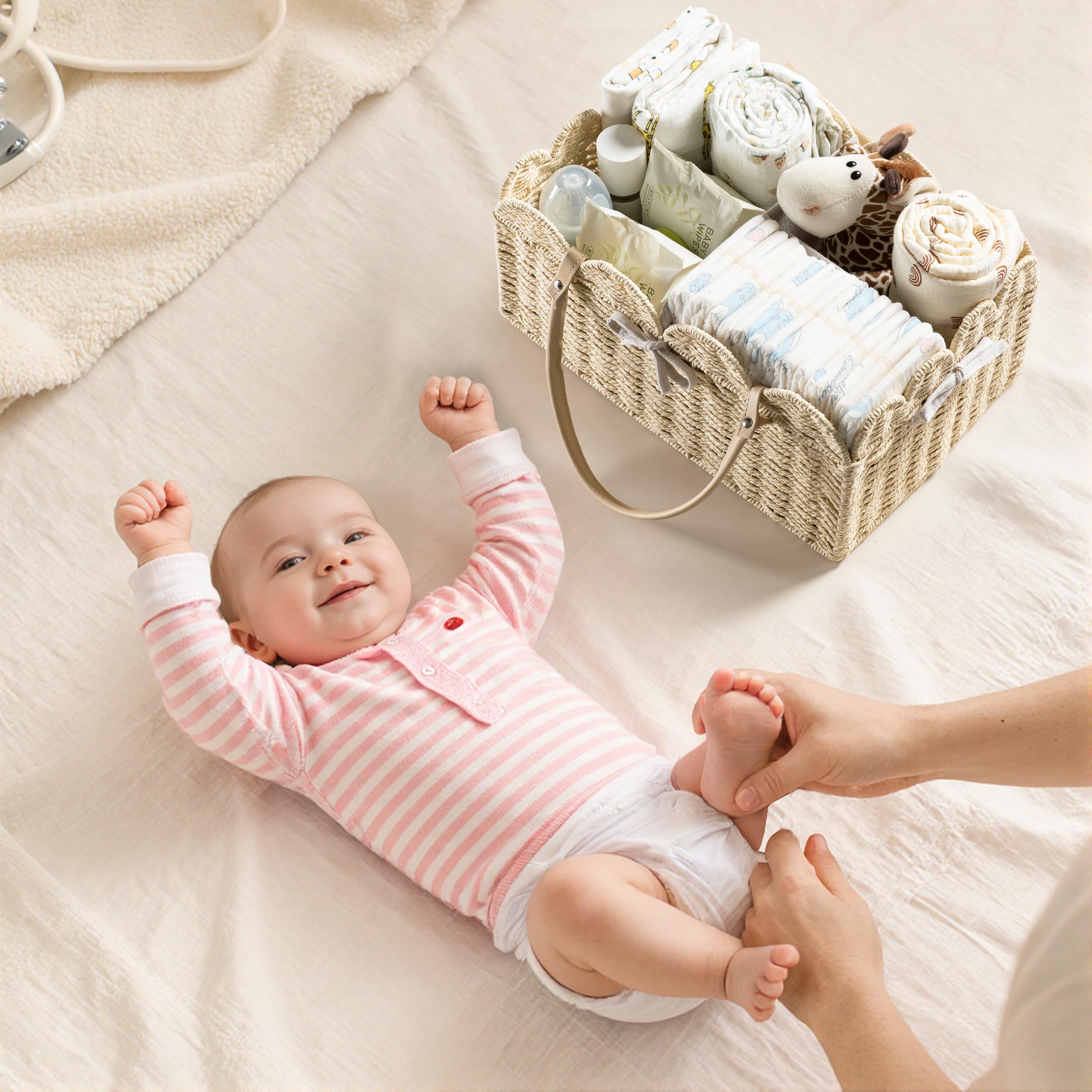 HBlife Organizador de pañales grande para bebé, cestas de almacenamiento de cuerda de papel con divisor extraíble, organizador portátil de coche para pañales, regalos de baby shower, artículos