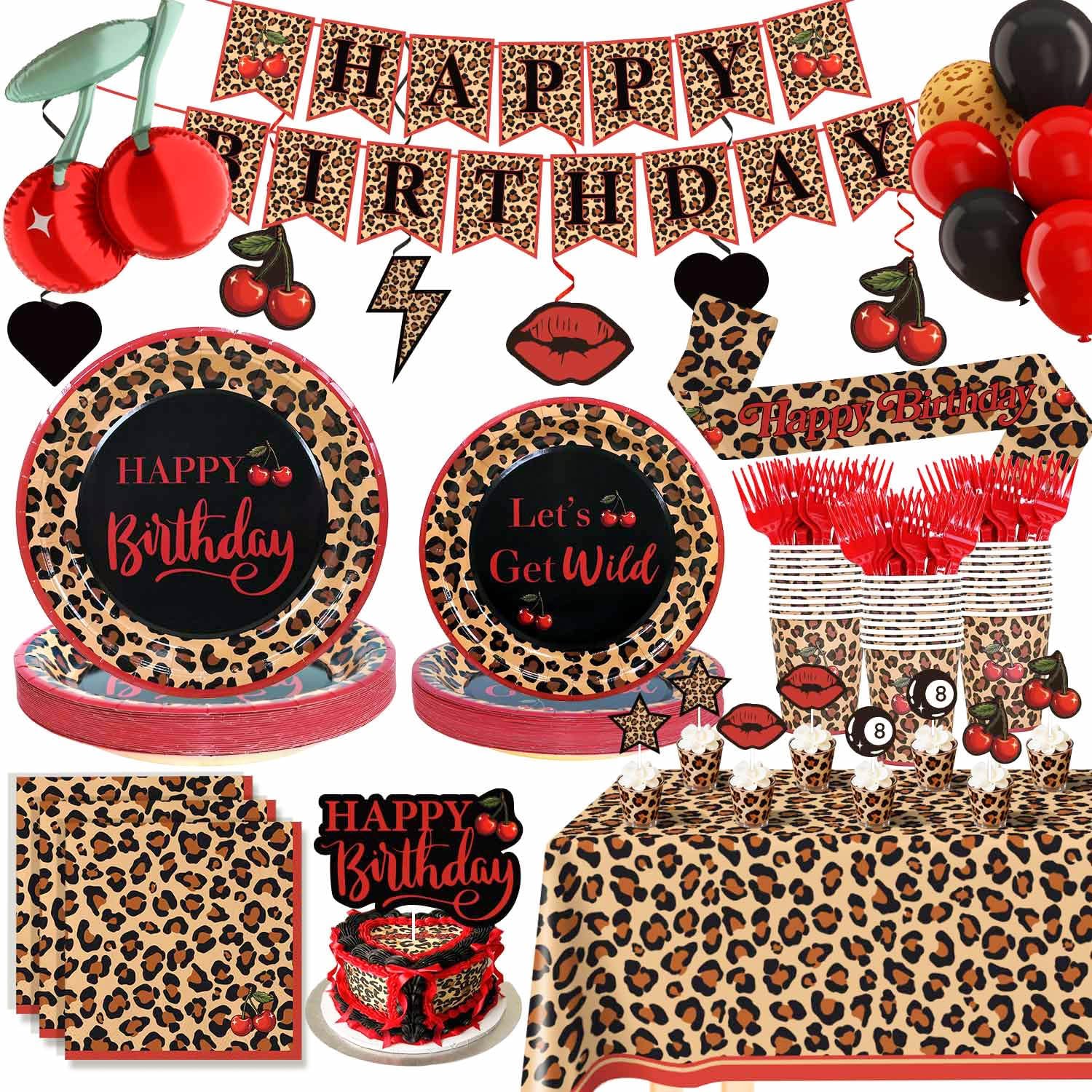Red Cheetah Print Birthday Party Decorations Pack, 25 Guests Y2K Cherry Leopard Print Includes Cardstock Plates Tablecloth Banner Hanging Swirls Balloons Cake Topper for Girls Women Big Mama