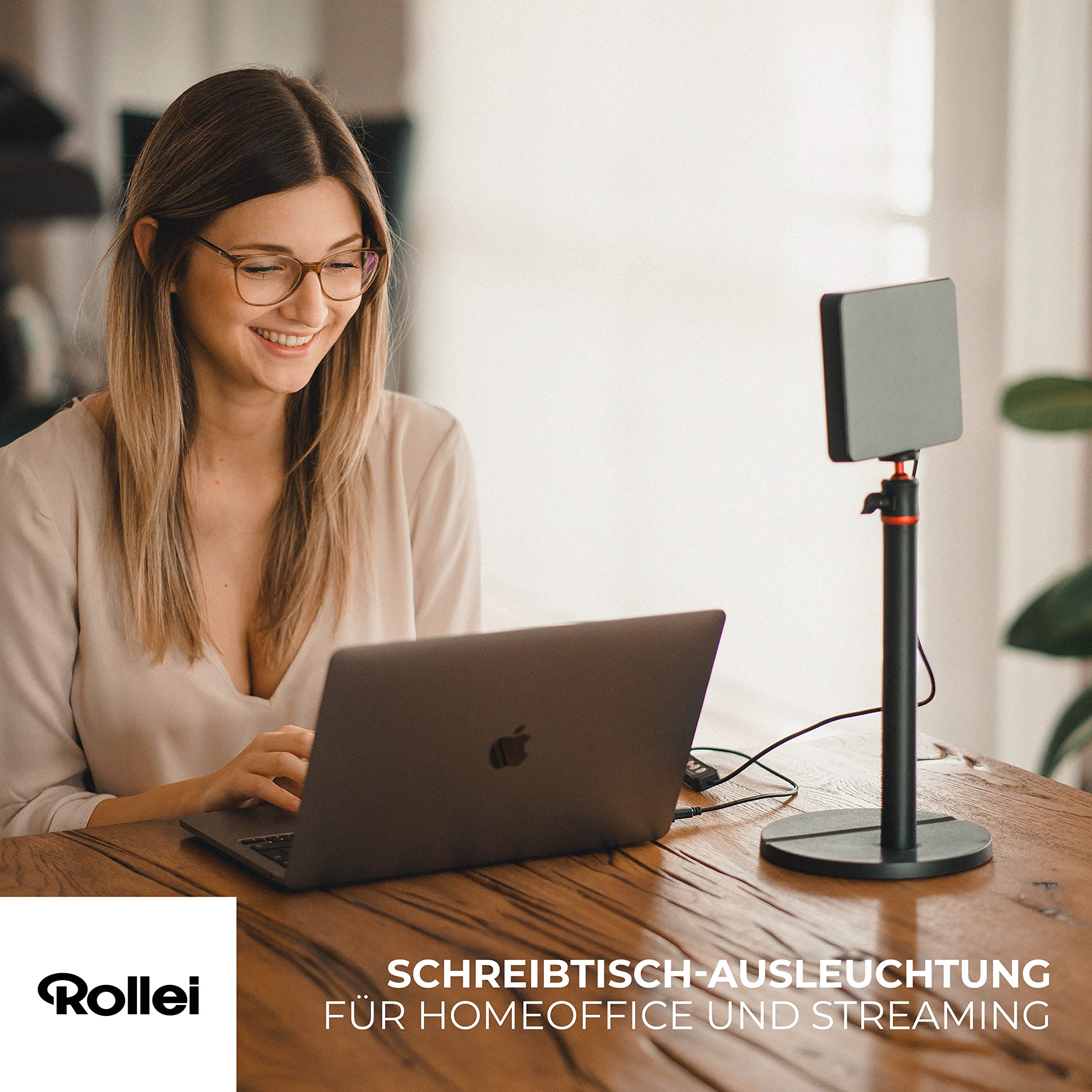 Rollei Lumis Key-Light, lampa wideo LED ze statywem stołowym z pilotem zdalnego sterowania na kablu do oświetlania streamów wideo i konferencji 28555 czarna