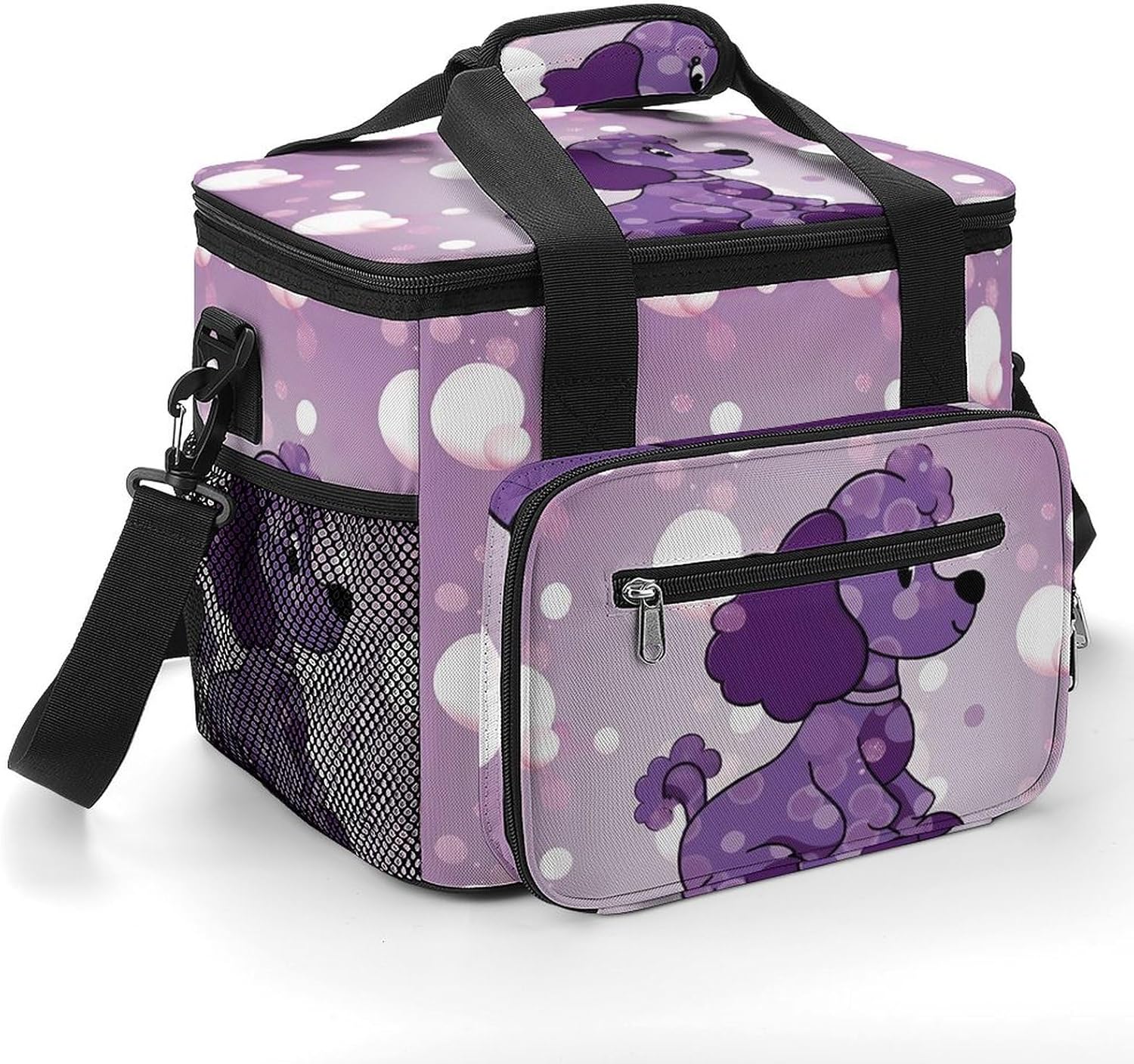 Large-Capacity Oxford Cloth Purple Poodle Polka Dot Printed Camping Ice Bag, Outdoor Portable Insulation and Cold Storage Bag, Enjoy A Cool Camping Time