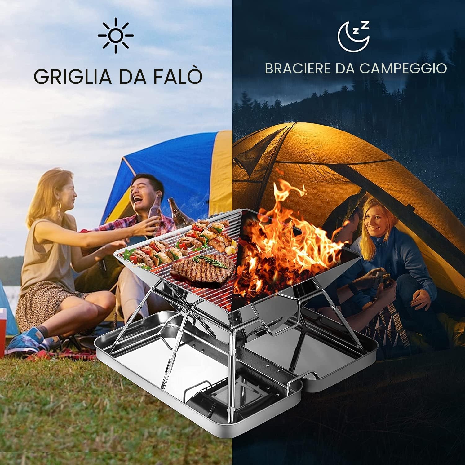 KAHEIGN Pozzo del Fuoco Dell'acciaio Inossidabile, Griglia per Barbecue Pieghevole Pozzo del Falò Portatile Griglia a Carbone a Legna Sollevabile - con Ferro Scatola, Borsa per Trasporto
