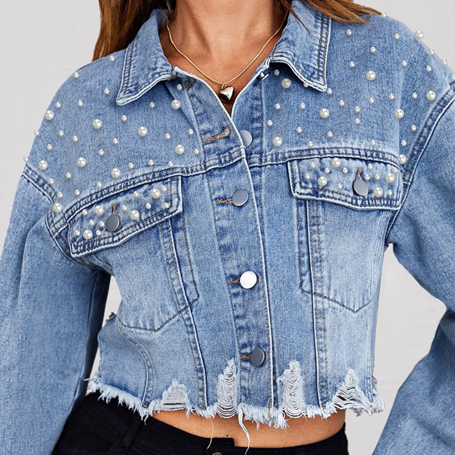 Summer Jean Jacket Women Lightweight Button Down Womens Distressed Denim Shacket Long Sleeve - Image 5