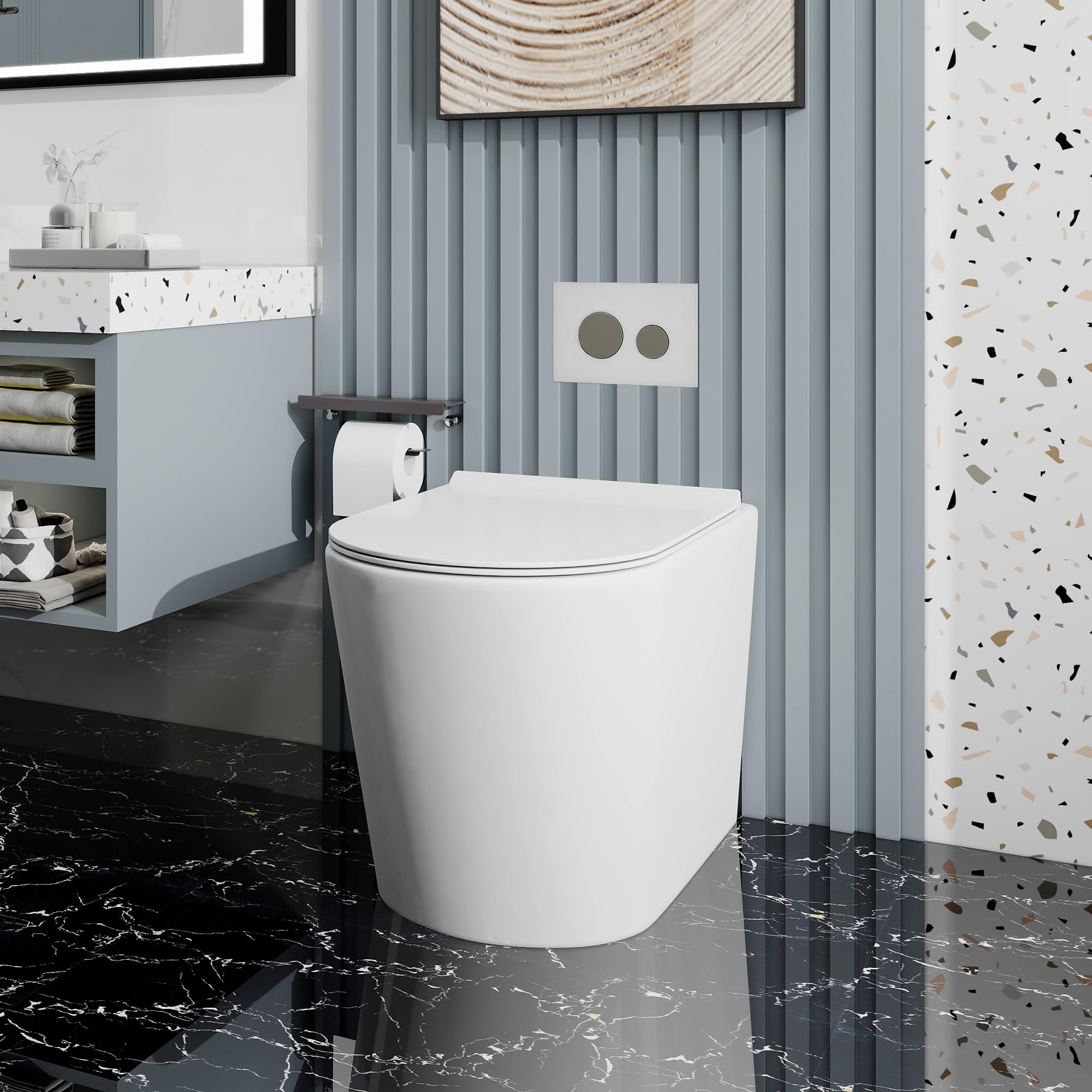 Rimless BTW Back to Wall Toilet and Concealed Cistern Round Short Projection Compact Toilet White Ceramic WC Pan Slim Soft Close Seat Modern Eco Flush Bathrooms Toilets