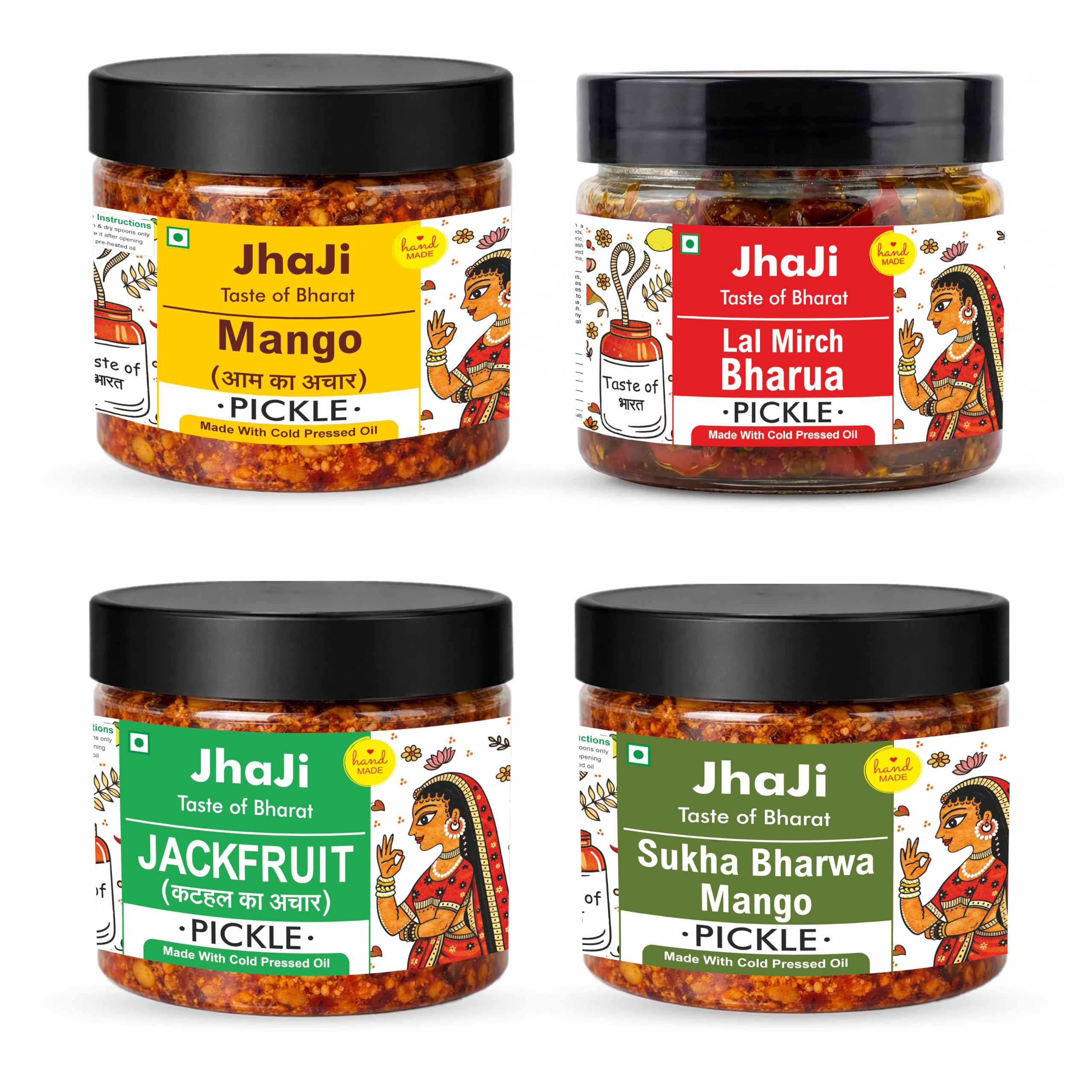 JhaJi Store Handmade Pickles Combo Pack (4 Flavours) 4x300G | Mango, Lal Mirch Bharua, Kathal and Aam ka Sookha Bharua Achar | Homemade Traditional Indian Pickle | Jackfruit | Stuffed Red Chilli | Less Oil Dry Stuffed Mango home made Pickle in fresh | Aam Ka Achaar made with Organic Methods & Preservative free-image-39