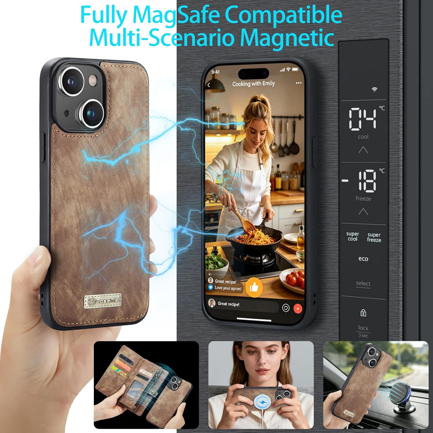 iPhone 15 Plus Wallet Case,iPhone 15 Plus Zipper Folio Leather Case Wallet with Card Holder,Strap Wristlet,Detachable Magnetic Protective Back Case for iPhone 15 Plus 5G 6.7 Inch (Coffee)
