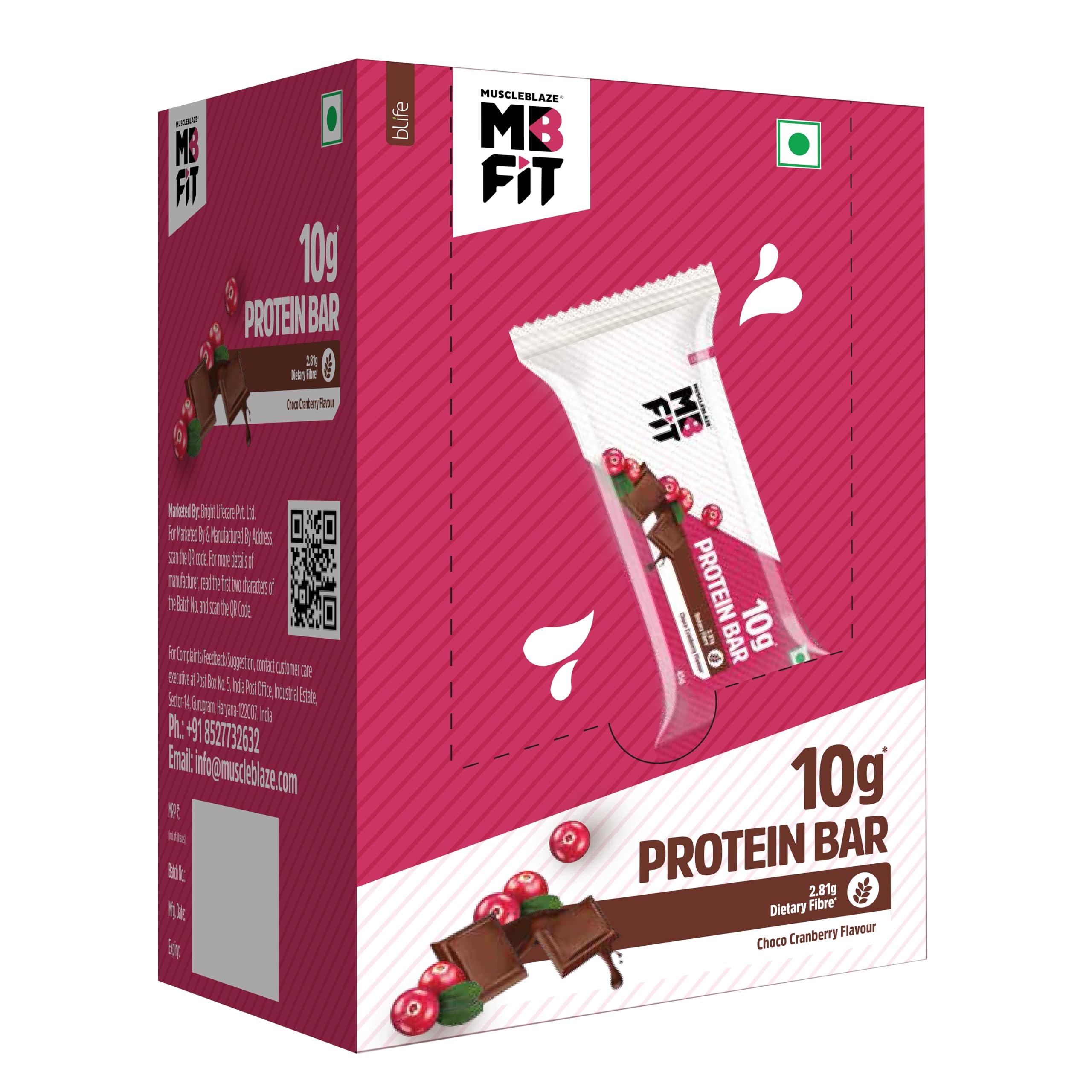 MuscleBlaze 10g Protein Bar (Choco Cranberry, Pack of 6) | Protein Blend, Healthy Protein Snacks | For Energy & Fitness