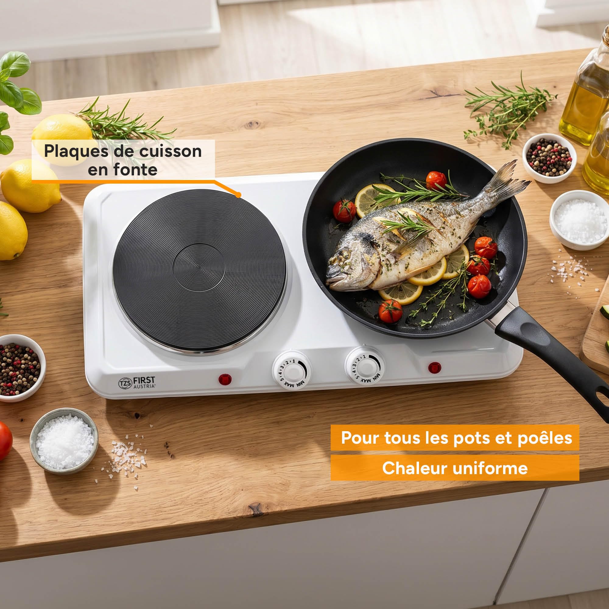 TZS First Austria - Double Plaque de Cuisson 2500W - Foyers en Fonte 180 & 150 mm - Thermostat Réglable - Réchaud Mobile pour Camping & Cuisine - Blanc